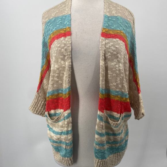 Urban Outfitters BDG Cardigan Striped Dolman Short Sleeves Cotton Beige Womens S - Picture 2 of 8